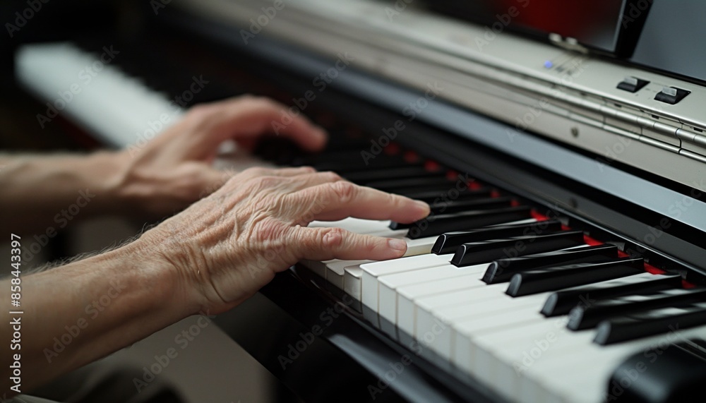 Fototapeta premium The close-up of elderly hands playing a digital piano, focusing on the intricate details of the fingers on the keys, highlighting the concept of music, aging, and passion.