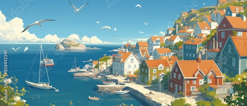 A painting of a town with a boat in the water and birds flying in the sky. Anime background