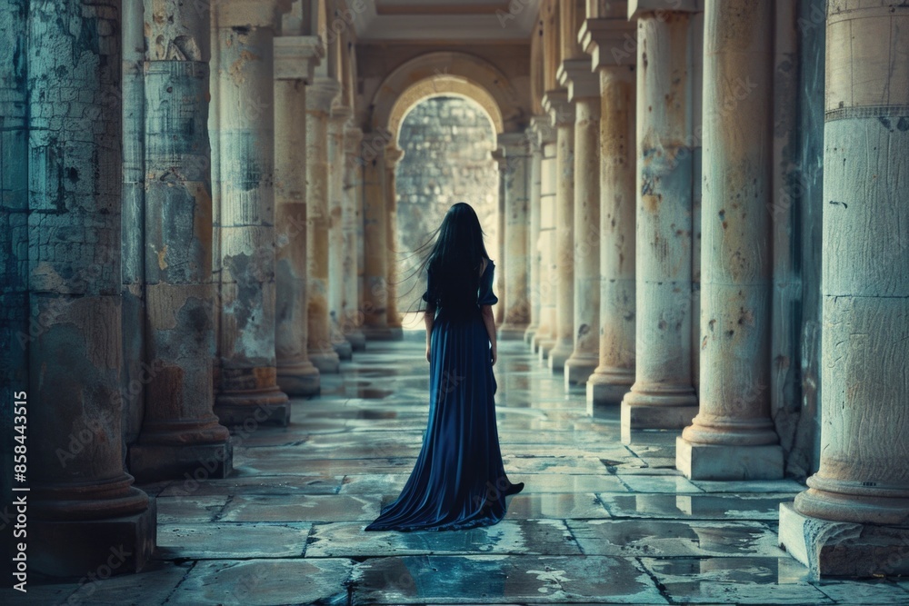 A woman stands in an archway wearing a long blue dress, suitable for historical or fantasy settings A woman stands in an archway wearing a long blue dress, suitable for historical or fantasy settings