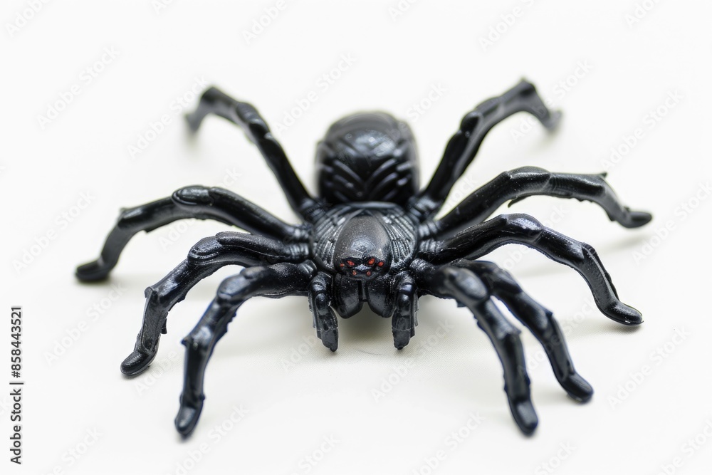 A small toy spider sitting on top of a white surface, ideal for use in illustrations or designs where a spider is needed A small toy spider sitting on top of a white surface, ideal for use in illustrations or designs where a spider is needed
