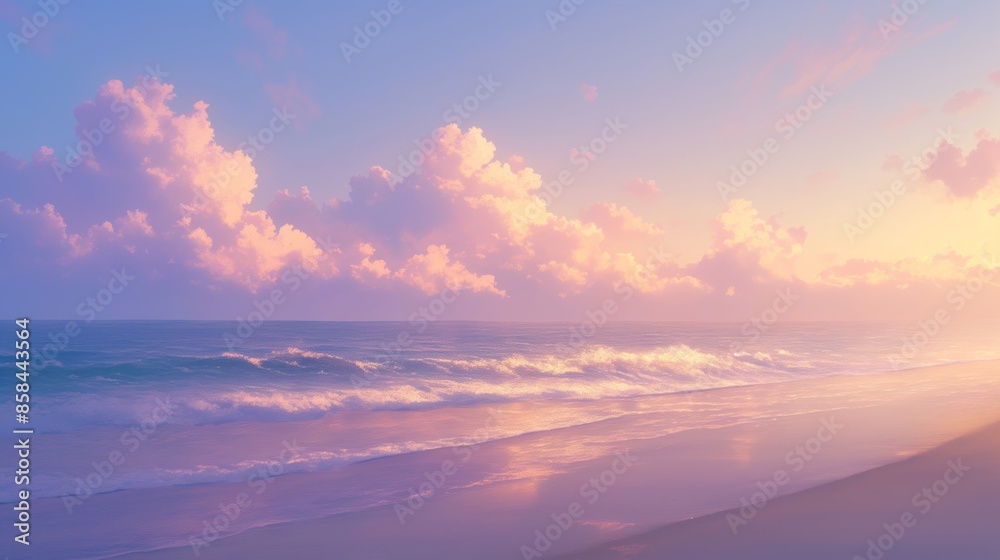 A beautiful beach scene with a pink and purple sky and a calm ocean. Anime background A beautiful beach scene with a pink and purple sky and a calm ocean. Anime background