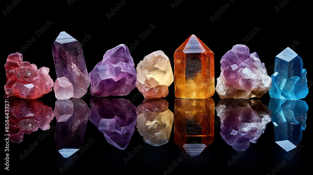 Row of colorful crystals reflecting on a black surface Row of colorful crystals reflecting on a black surface