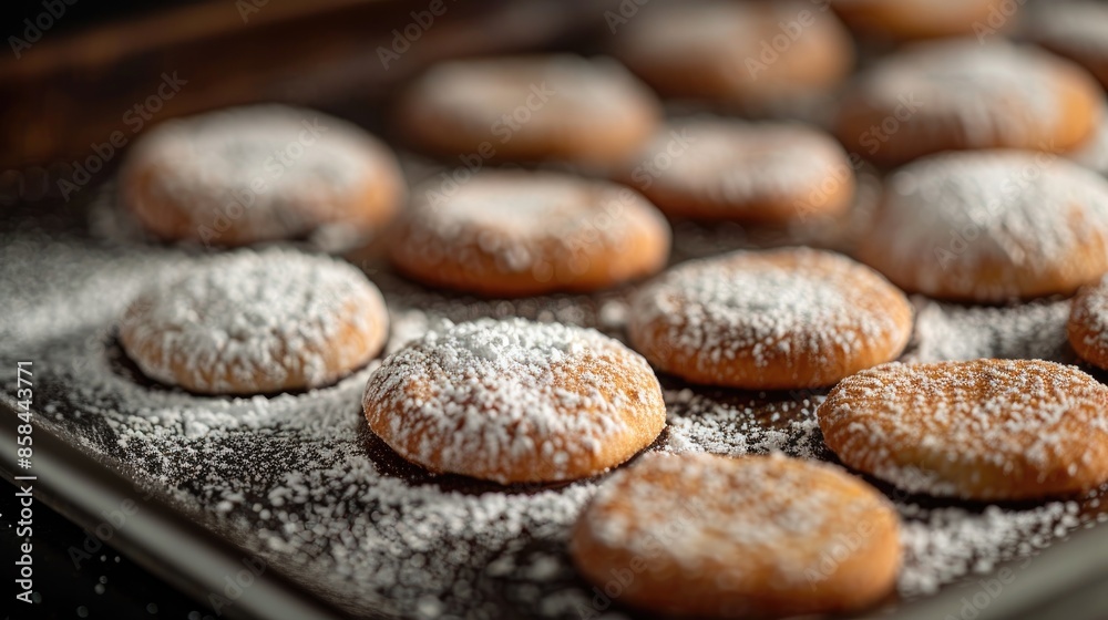 Sugary powder on circular cookies on a metallic pan Sugary powder on circular cookies on a metallic pan