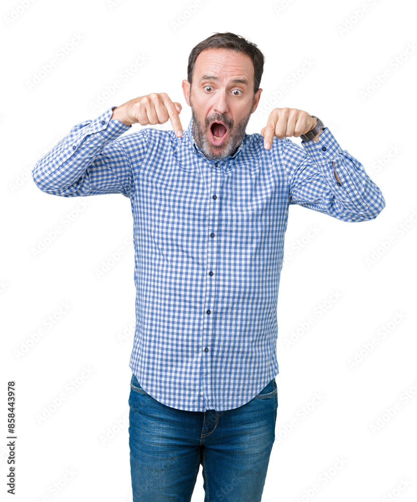 Handsome middle age elegant senior man over isolated background Pointing down with fingers showing advertisement, surprised face and open mouth Handsome middle age elegant senior man over isolated background Pointing down with fingers showing advertisement, surprised face and open mouth