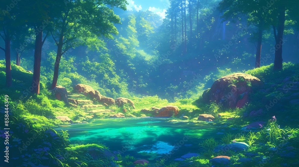 A serene forest scene with a small pond in the middle. Anime background A serene forest scene with a small pond in the middle. Anime background