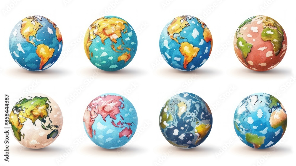 Eight Colorful Globes Representing Earth