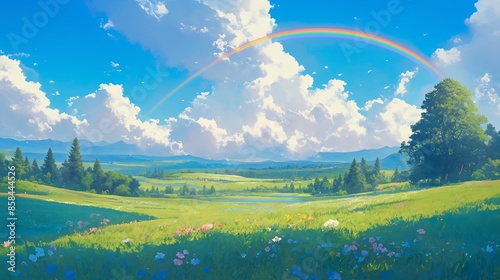 A beautiful landscape with a rainbow in the sky and a tree in the foreground. Anime background
