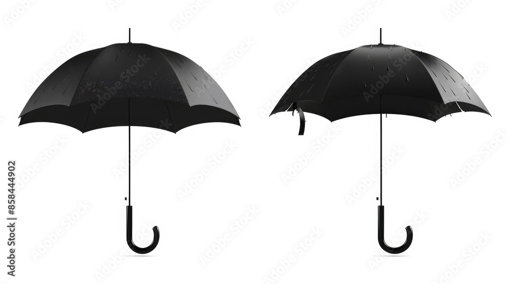 A pair of black umbrellas placed together on a white background, simple and minimalist A pair of black umbrellas placed together on a white background, simple and minimalist