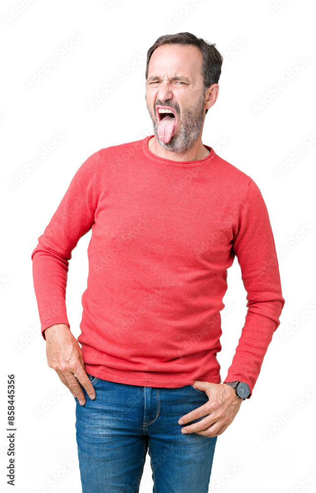 Handsome middle age hoary senior man wearing winter sweater over isolated background sticking tongue out happy with funny expression. Emotion concept. Handsome middle age hoary senior man wearing winter sweater over isolated background sticking tongue out happy with funny expression. Emotion concept.
