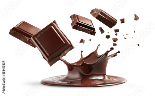 Chocolate pieces with liquid chocolate splash, isolated from white background