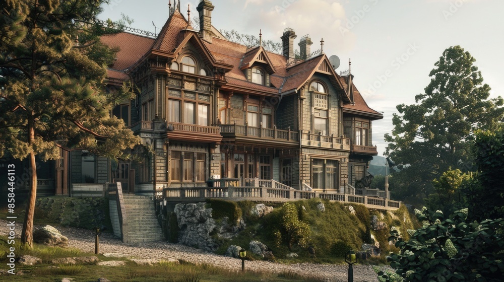 A large wooden house sits atop a lush green hillside, surrounded by nature A large wooden house sits atop a lush green hillside, surrounded by nature