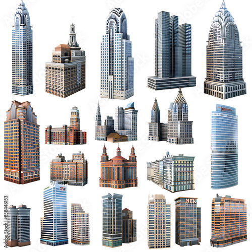 3D set of city buildings isolated on a transparent background © mady