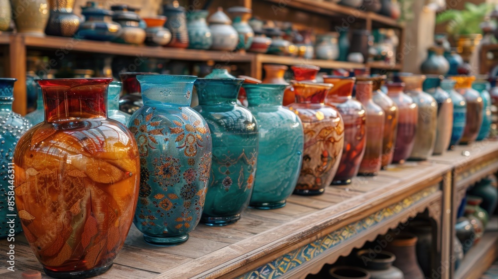 Colorful Vases Displayed on Wooden Shelves in a Middle Eastern Market Colorful Vases Displayed on Wooden Shelves in a Middle Eastern Market