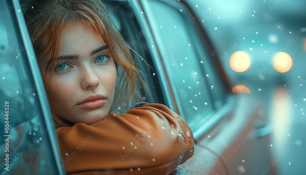 A contemplative young woman gazes out of a car window on a rainy day, her mood reflective and pensive