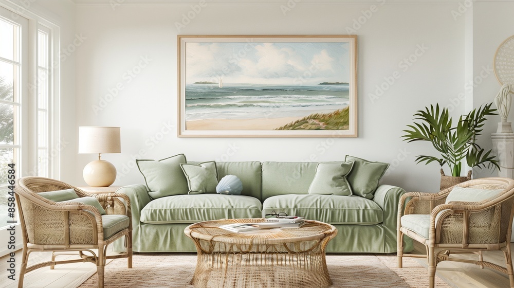 A coastal living room with a seafoam green sofa, a set of wicker side chairs, and a large seascape painting A coastal living room with a seafoam green sofa, a set of wicker side chairs, and a large seascape painting