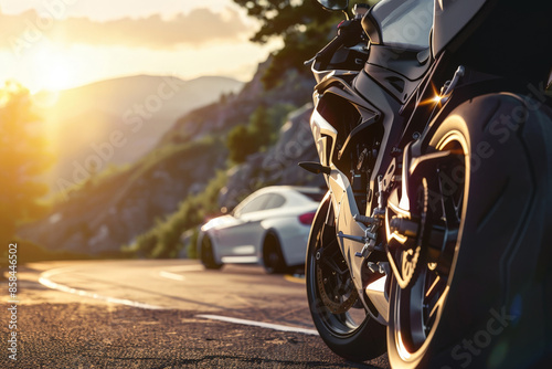 sleek, black motorcycle and a white sports car are parked on a winding mountain road at sunset. image captures the vehicles' shiny surfaces and the scenic backdrop of mountains bathed in golden light