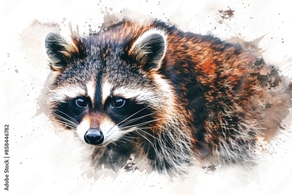 A close up view of a raccoon's face on a white background A close up view of a raccoon's face on a white background