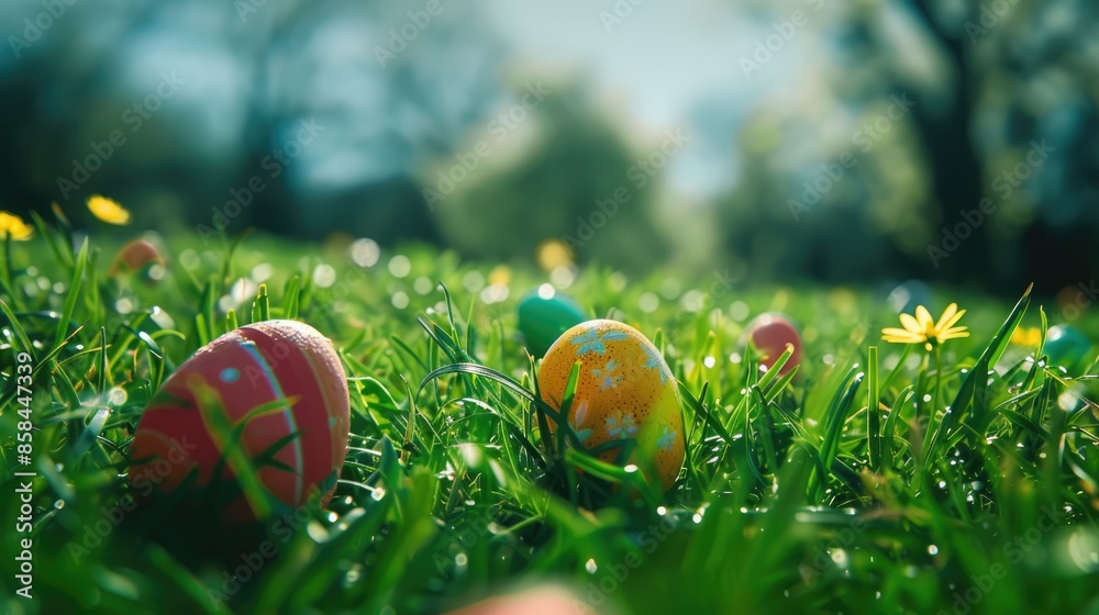 Easter symbols on grassy field Easter symbols on grassy field