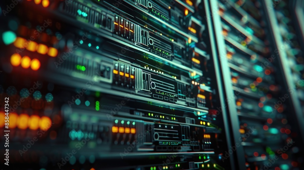 A row of servers in a modern data center environment