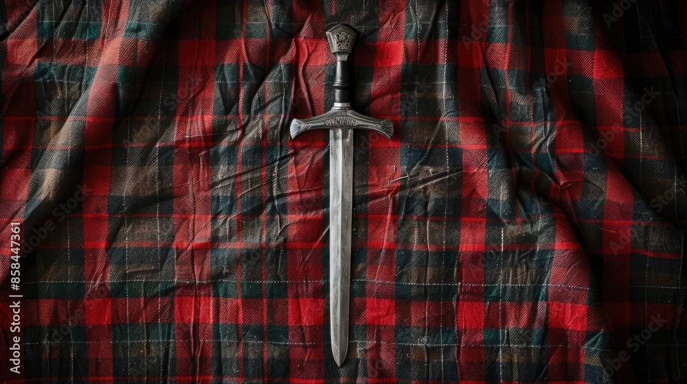 A sword lies atop a traditional Scottish tartan cloth, ready for use or display A sword lies atop a traditional Scottish tartan cloth, ready for use or display