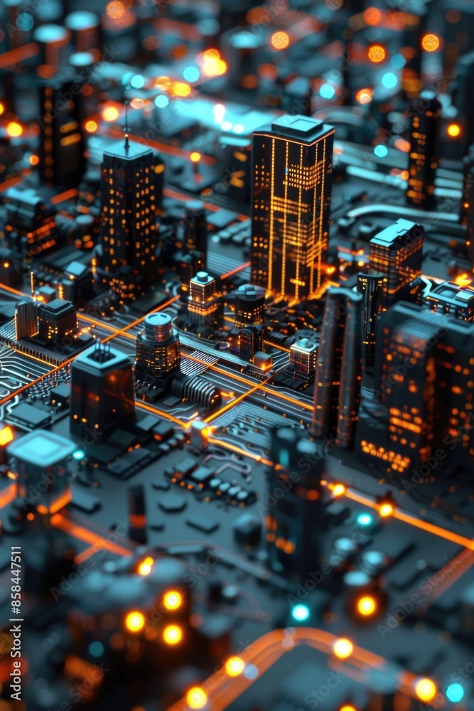 Obraz premium A nighttime view of a city with buildings and lights illuminated