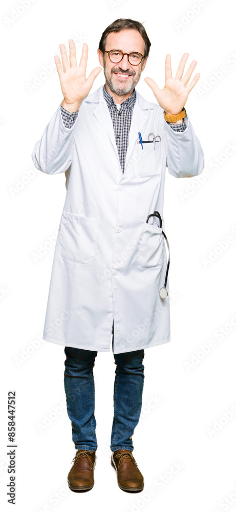 Middle age doctor men wearing medical coat showing and pointing up with fingers number ten while smiling confident and happy. Middle age doctor men wearing medical coat showing and pointing up with fingers number ten while smiling confident and happy.