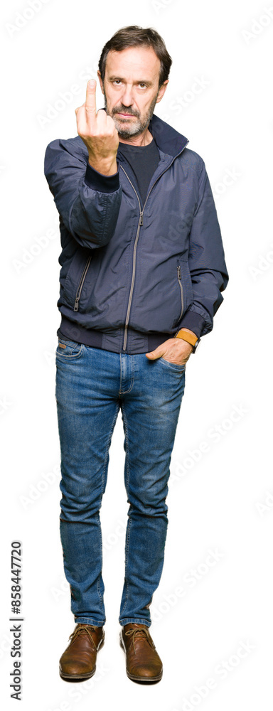 Middle age handsome man wearing a jacket Showing middle finger, impolite and rude fuck off expression Middle age handsome man wearing a jacket Showing middle finger, impolite and rude fuck off expression