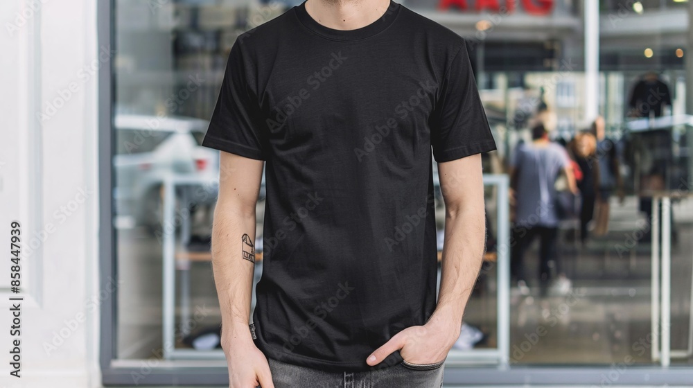 Young Model Shirt Mockup, man wearing black t-shirt in front of Department store display window, Shirt Mockup Template on hipster adult for design print, Male guy wearing casual t-shirt Young Model Shirt Mockup, man wearing black t-shirt in front of Department store display window, Shirt Mockup Template on hipster adult for design print, Male guy wearing casual t-shirt