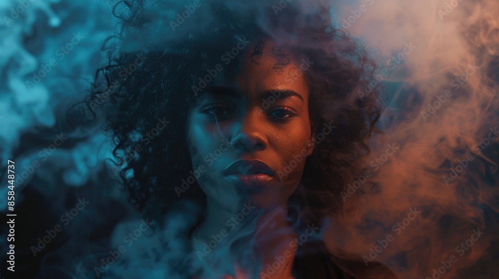 A woman with curly hair stands in front of smoke A woman with curly hair stands in front of smoke