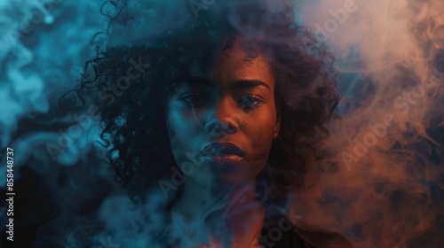 A woman with curly hair stands in front of smoke