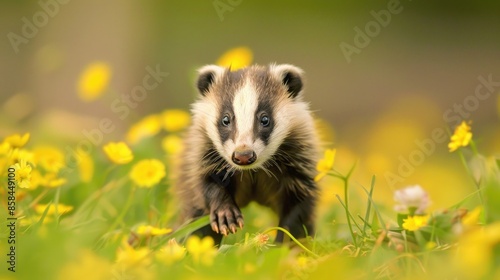 Badgers Meles meles two cubs in meadow one faces forward one forages horizontal layout with room for text photo