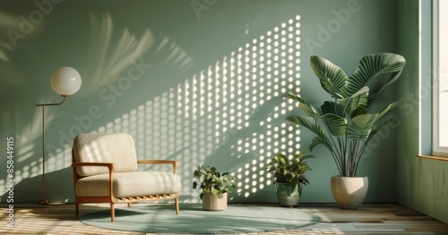 Wallpaper Mural Sunlight Streaming Through Window in a Green Living Room With a White Armchair and Plants Torontodigital.ca