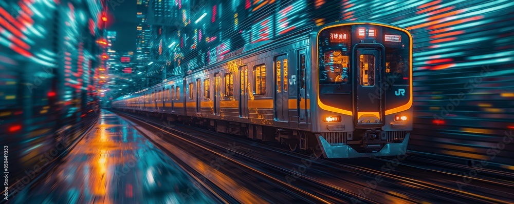 Dynamic long exposure of a modern train speeding through a neon-lit urban cityscape, with light streaks and digital graphs Dynamic long exposure of a modern train speeding through a neon-lit urban cityscape, with light streaks and digital graphs