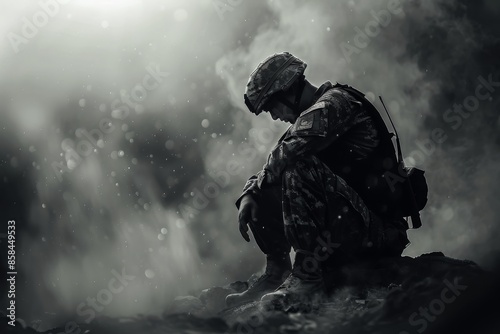 Silhouetted soldier seated on a rock amidst smoke and debris, representing the solitude and severity of combat-related PTSD, post traumatic stress disorder awareness day