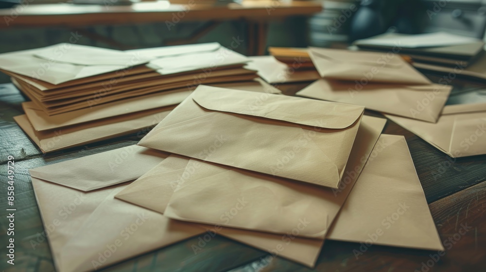 Outgoing mail numerous blank envelopes on a desk Outgoing mail numerous blank envelopes on a desk