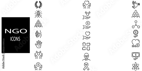 NGO simple concept 21 icons set. Contains such Donation, nonprofit organization, NGO, giving help,donating money, volunteer community .Vector illustration.