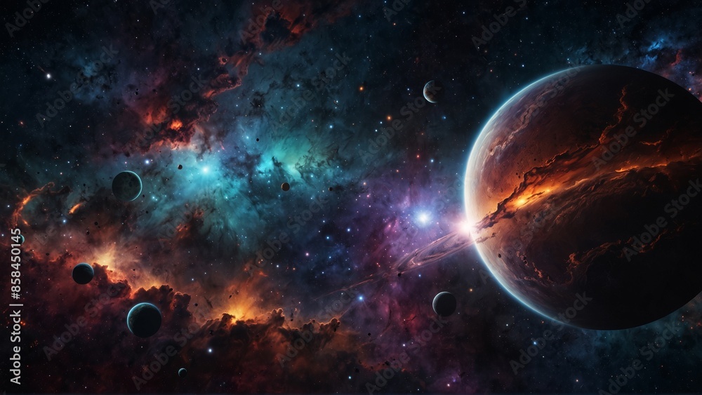 Obraz premium Nebula and Planets in Deep Space