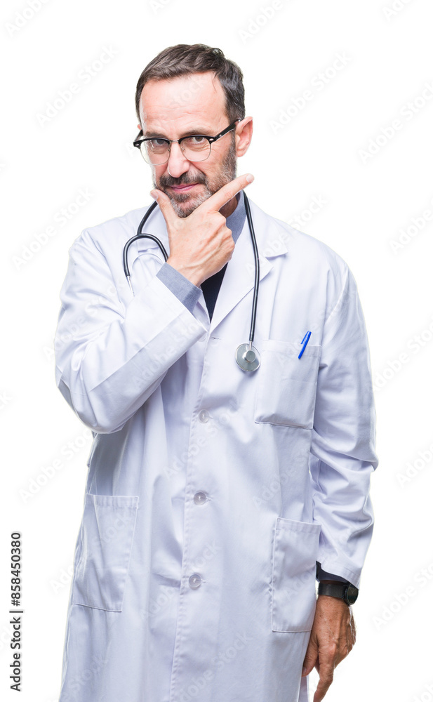 Middle age senior hoary doctor man wearing medical uniform isolated background looking confident at the camera with smile with crossed arms and hand raised on chin. Thinking positive. Middle age senior hoary doctor man wearing medical uniform isolated background looking confident at the camera with smile with crossed arms and hand raised on chin. Thinking positive.