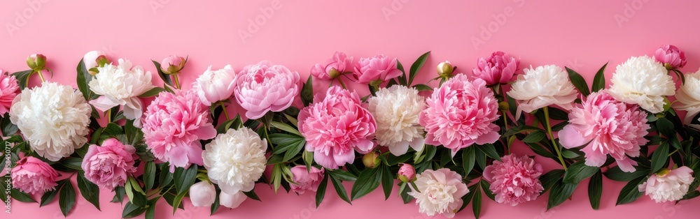 Stylish Peonies Border on Pink Paper with Space for Greetings: Mother's Day, International Women's Day, Hello Spring Card Mockup Stylish Peonies Border on Pink Paper with Space for Greetings: Mother's Day, International Women's Day, Hello Spring Card Mockup