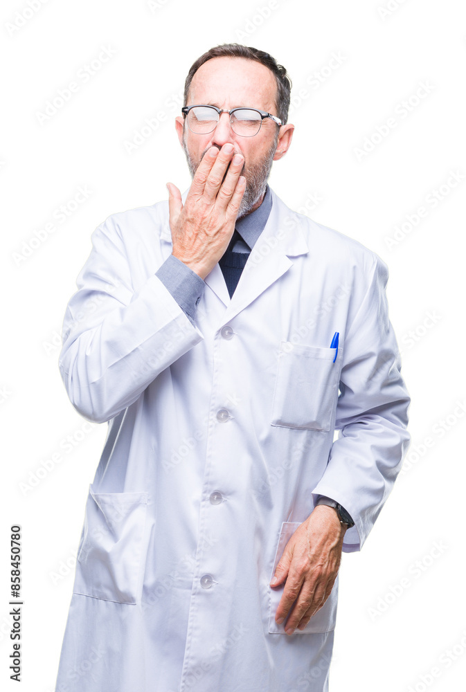 Middle age senior hoary professional man wearing white coat over isolated background bored yawning tired covering mouth with hand. Restless and sleepiness. Middle age senior hoary professional man wearing white coat over isolated background bored yawning tired covering mouth with hand. Restless and sleepiness.