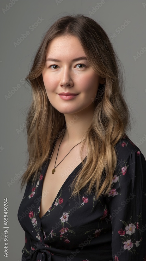 A portrait photograph of a woman with long brown hair wearing a black floral blouse