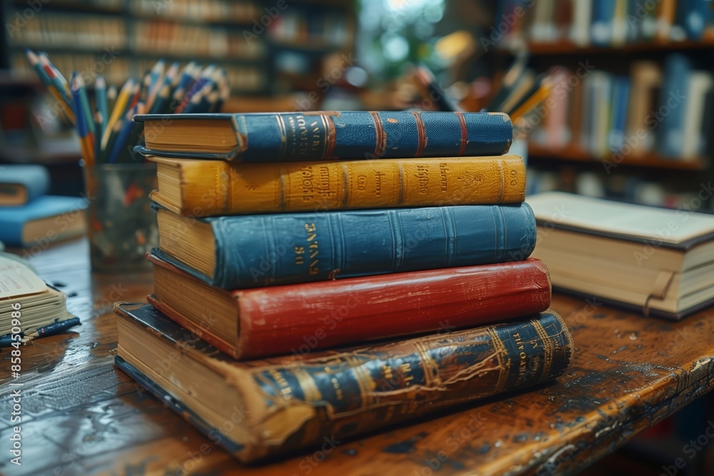 Stack of Old Books on a Wooden Table in a Library Stack of Old Books on a Wooden Table in a Library