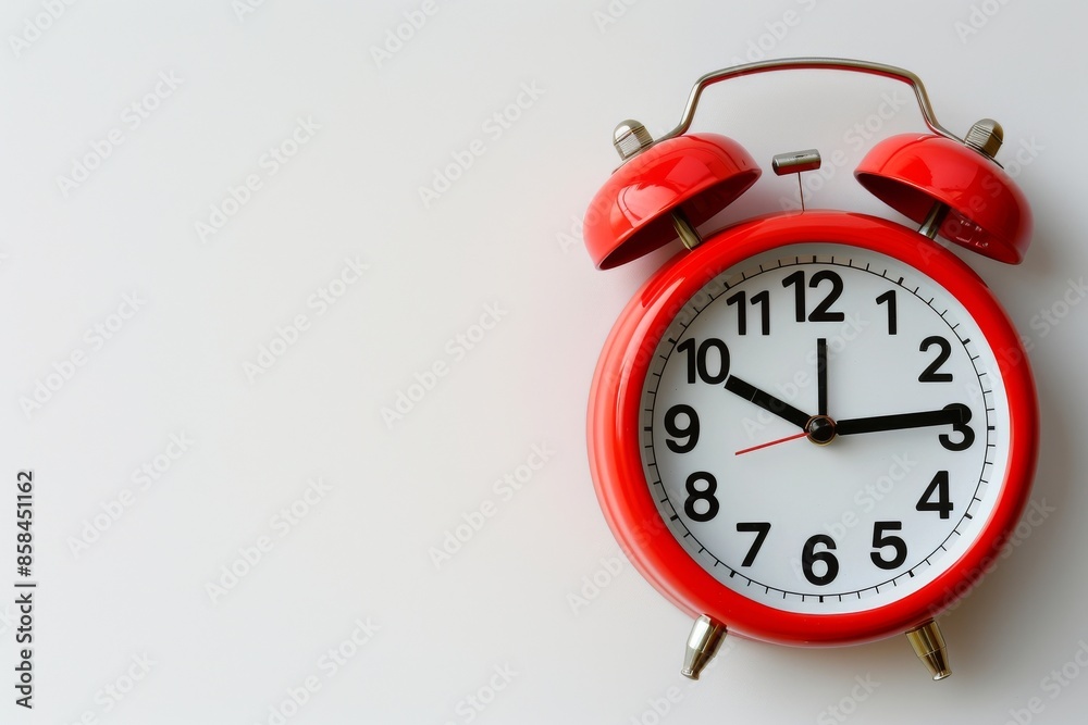 Red alarm clock on white background, home environment, perfect for articles about regimen and daily schedule, copy space, place for text Red alarm clock on white background, home environment, perfect for articles about regimen and daily schedule, copy space, place for text