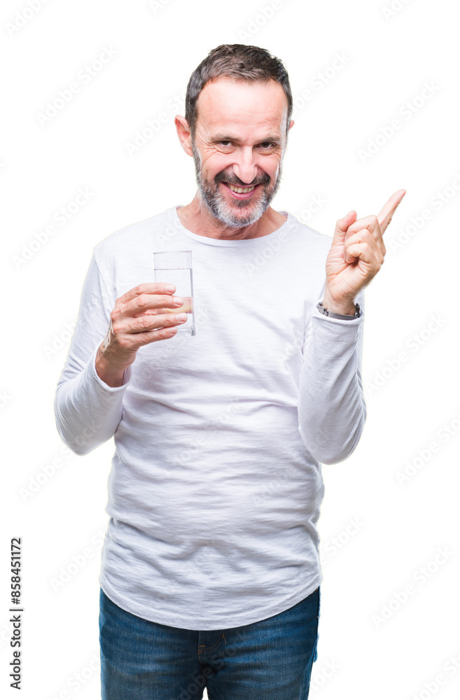 Middle age hoary senior man drinking glass of water over isolated background very happy pointing with hand and finger to the side Middle age hoary senior man drinking glass of water over isolated background very happy pointing with hand and finger to the side