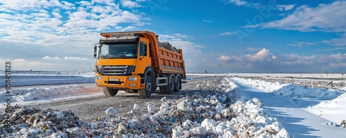 An orange dump truck is traveling on a snow-covered road with piles of waste on the side, under a clear blue sky photo