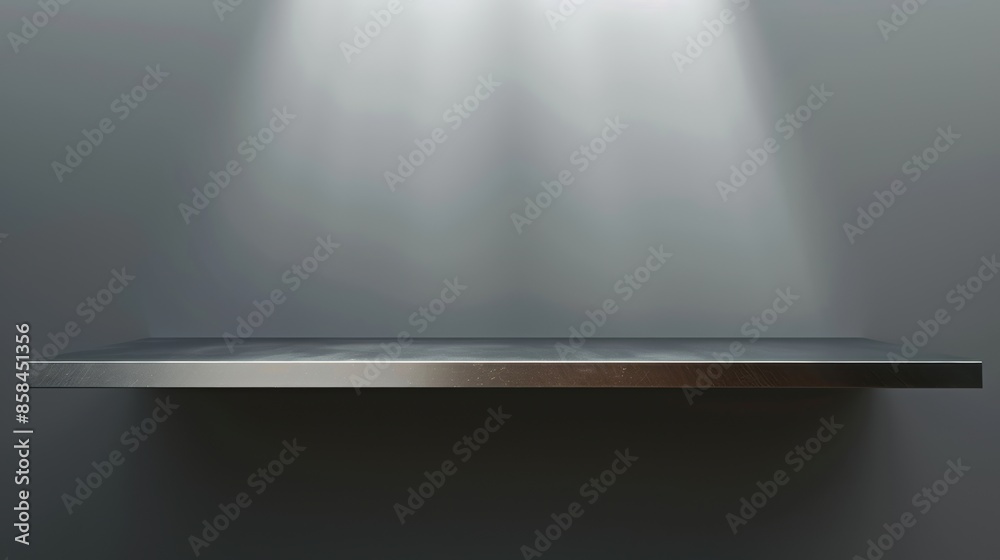 Empty silver steel countertop shelf with spotlight Empty silver steel countertop shelf with spotlight