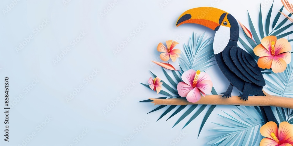 Cardboard toucan perched on a cardboard tropical branch, Cardboard toucan, Colorful bird illustration Cardboard toucan perched on a cardboard tropical branch, Cardboard toucan, Colorful bird illustration