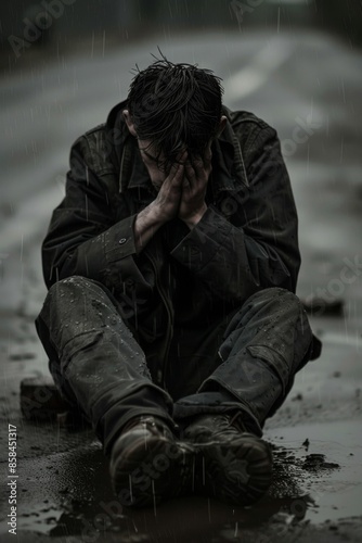 Post traumatic stress disorder awareness day. Man sitting on wet pavement, covering face with hands in rain, emotional distress visible. Man overwhelmed by emotional pain in stormy weather © Truprint