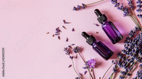 Lavender Essential Oil Bottles and Flowers on Pink Background