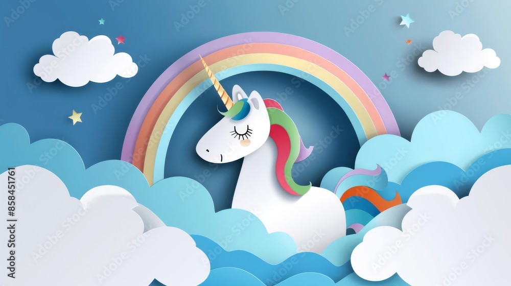 Highquality illustration in paper art style featuring a unicorn with a rainbow at the center, designed for a Paid Month Day poster, with blank space for text Highquality illustration in paper art style featuring a unicorn with a rainbow at the center, designed for a Paid Month Day poster, with blank space for text